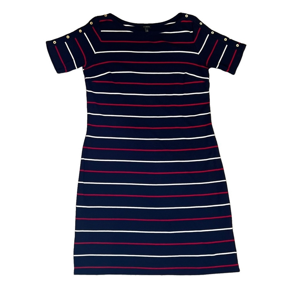 Talbots Striped Knit Dress Women Medium Navy Red White Button Sleeve Shift